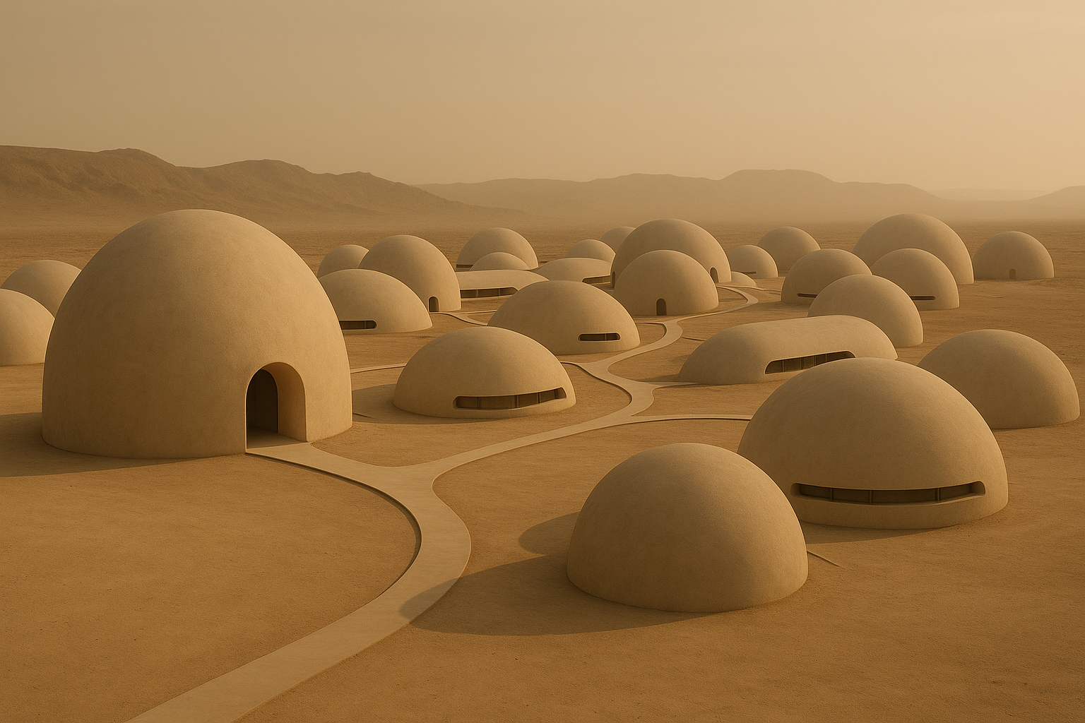 Conceptual dome architecture in desert landscape
